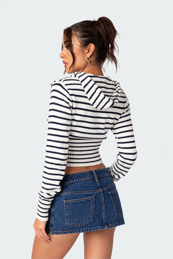 Edikted Desiree Knitted Hooded Cardigan Navy And White