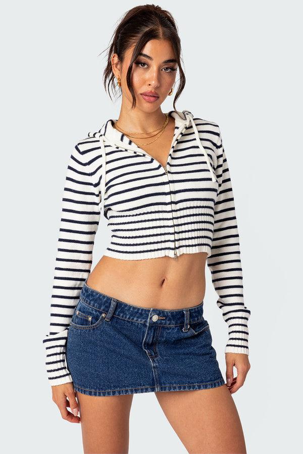 edikted Desiree Knitted Hooded Cardigan navy and white