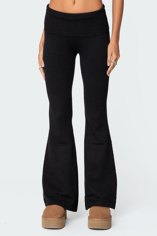 Edikted Desiree Knitted Low Rise Fold Over Pants Black