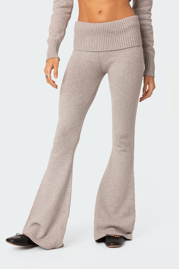 Edikted Desiree Knitted Low Rise Fold Over Pants Gray Melange