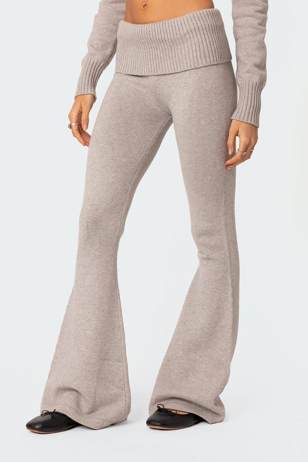 Edikted Desiree Knitted Low Rise Fold Over Pants Gray Melange