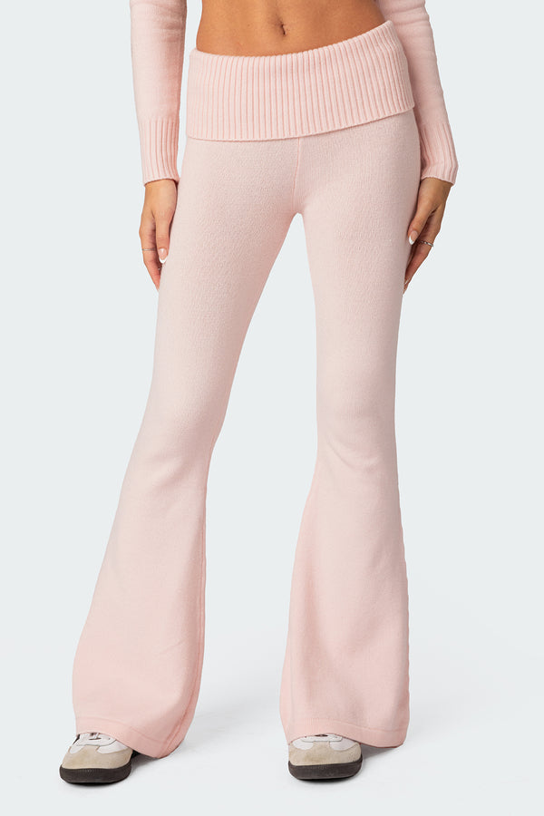 Edikted Desiree Knitted Low Rise Fold Over Pants Light Pink