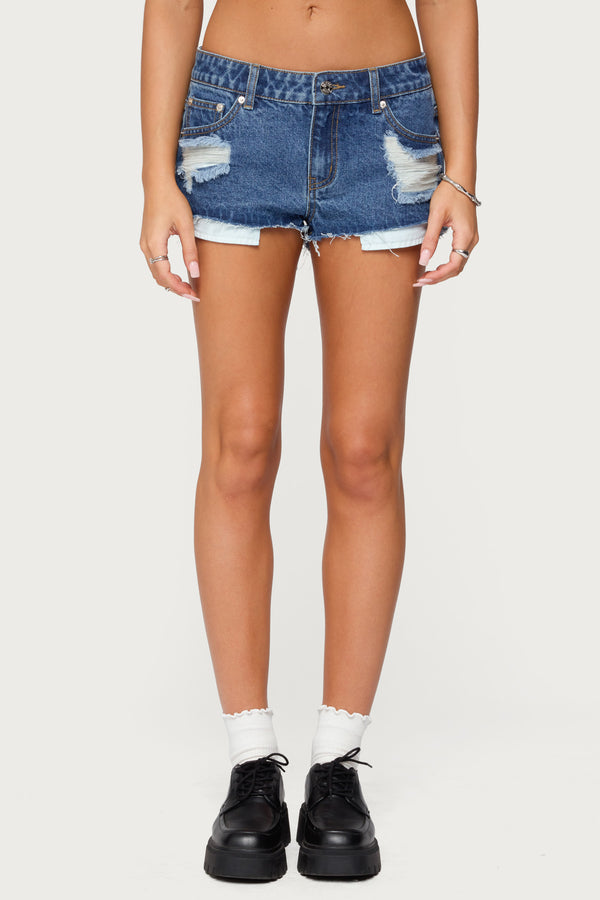 Edikted Devin Low Rise Micro Denim Shorts Blue Washed
