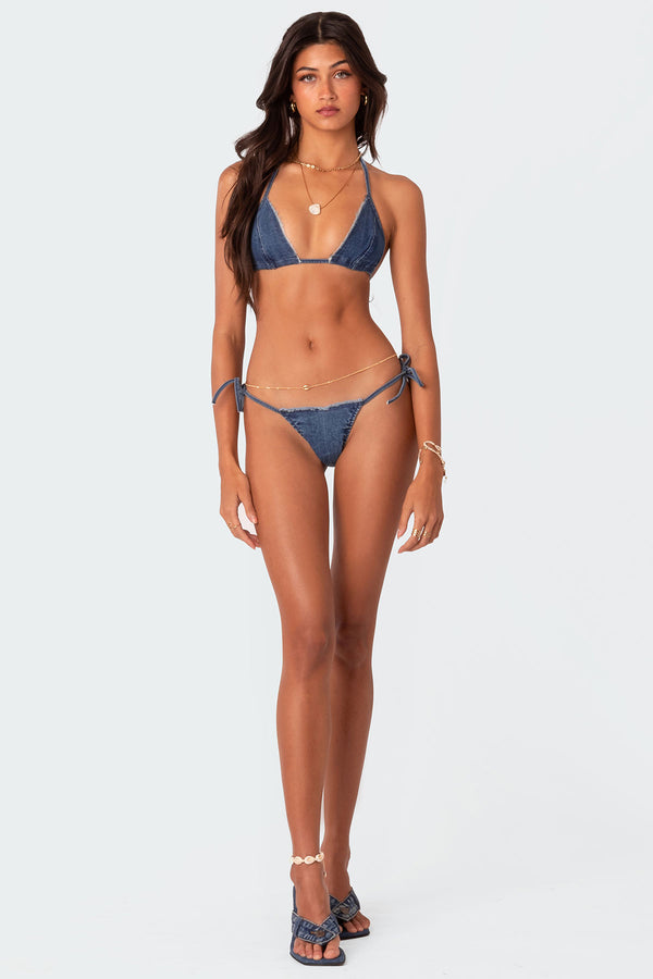 edikted Didi Distressed Denim String Bikini Bottom blue