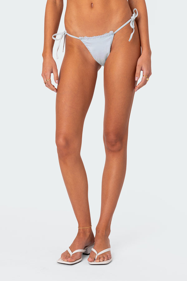 Edikted Didi Distressed Denim String Bikini Bottom Light Denim