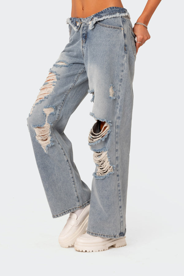 Edikted Distressed Fold Over Boyfriend Jeans Light Blue