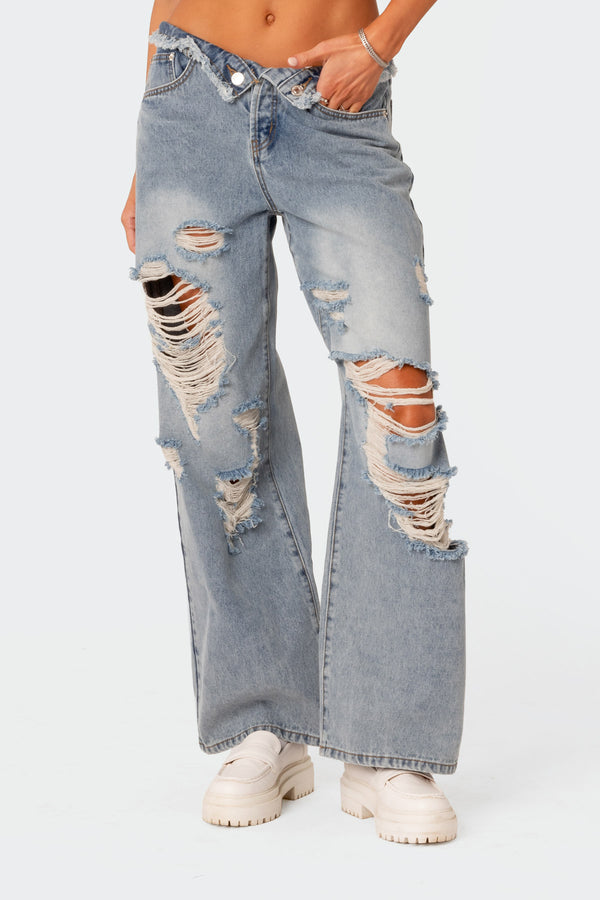 Edikted Distressed Fold Over Boyfriend Jeans Light Blue