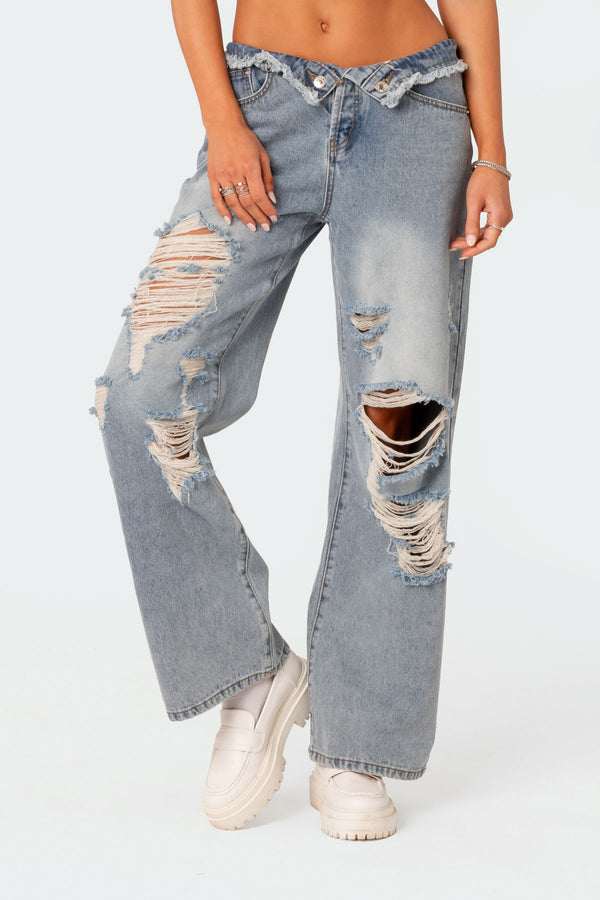 Edikted Distressed Fold Over Boyfriend Jeans Light Blue