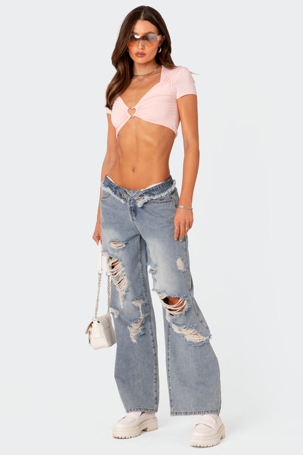 edikted Distressed Fold Over Boyfriend Jeans light blue