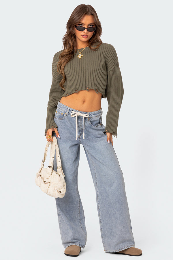 Edikted Distressed Hem Oversized Cropped Sweater Olive