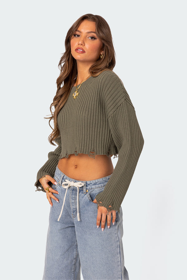 Edikted Distressed Hem Oversized Cropped Sweater Olive