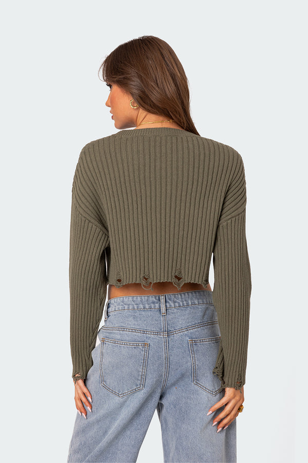 Edikted Distressed Hem Oversized Cropped Sweater Olive