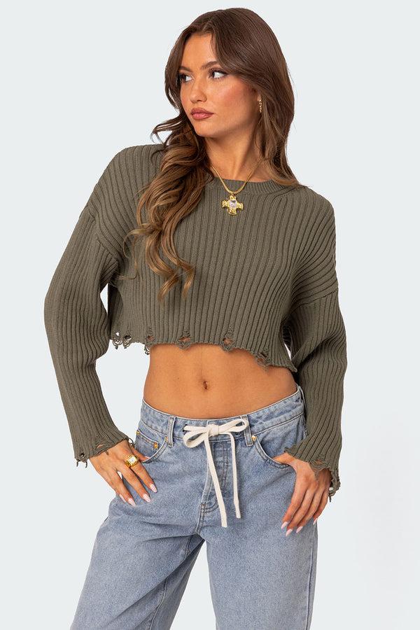 edikted Distressed Hem Oversized Cropped Sweater olive