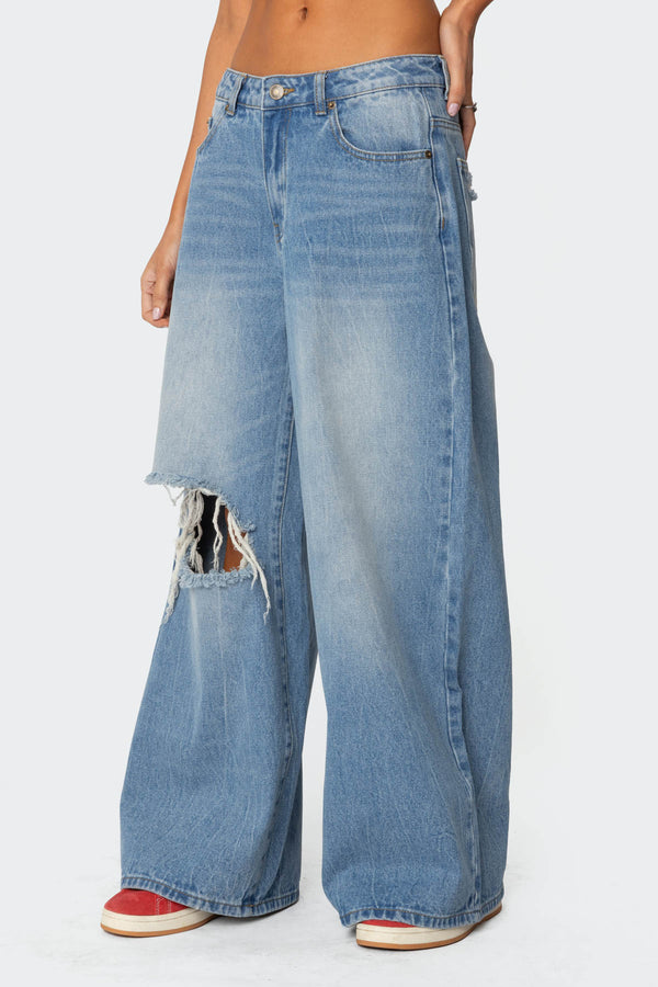 Edikted Distressed Low Rise Baggy Jeans Blue Washed