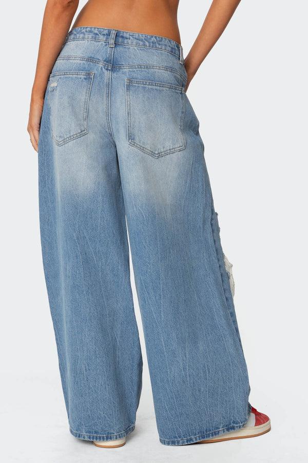 Edikted Distressed Low Rise Baggy Jeans Blue Washed