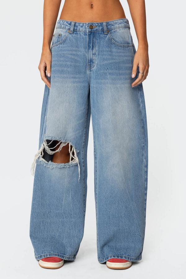 Edikted Distressed Low Rise Baggy Jeans Blue Washed