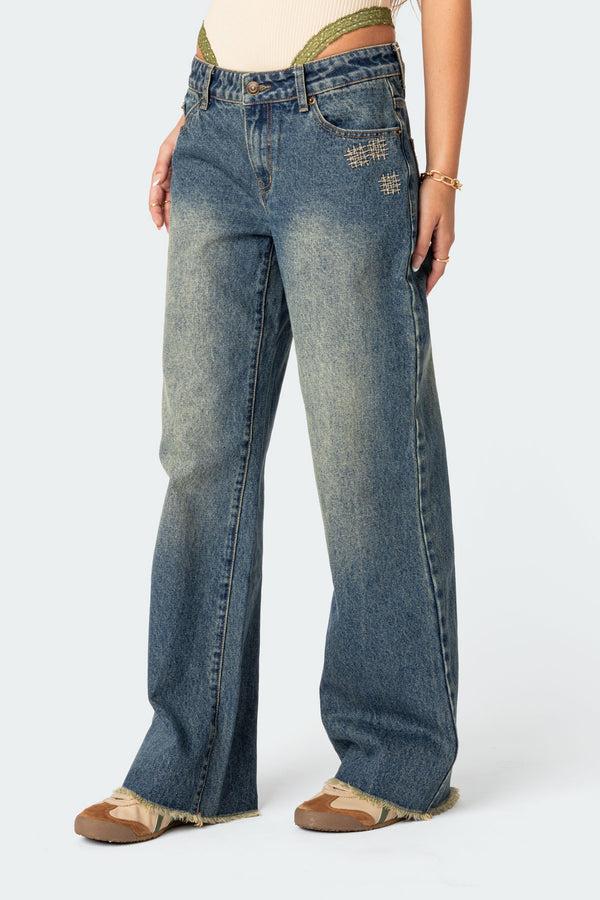 Edikted Doll House Low Rise Washed Jeans Blue Washed