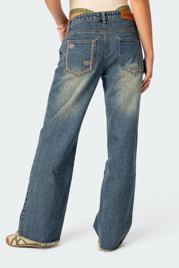 Edikted Doll House Low Rise Washed Jeans Blue Washed