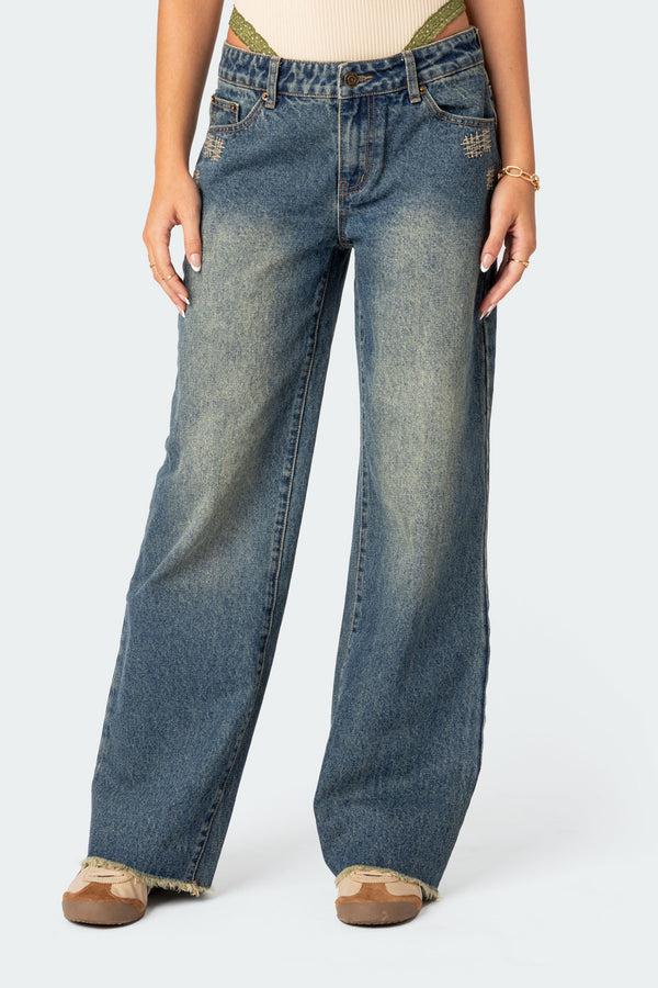 Edikted Doll House Low Rise Washed Jeans Blue Washed