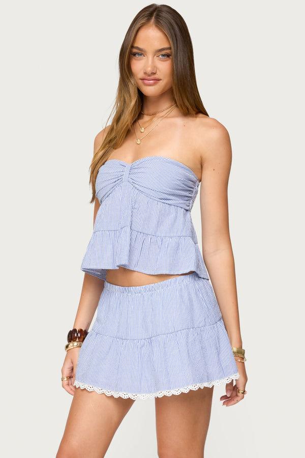 Edikted Dora Striped Linen Look Babydoll Top Blue And White