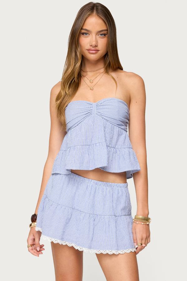 edikted Dora Striped Linen Look Babydoll Top blue and white