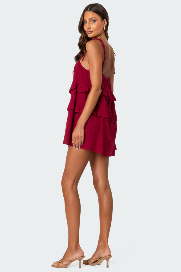 Edikted Dorothia Sheer Linen Look Mini Dress Burgundy