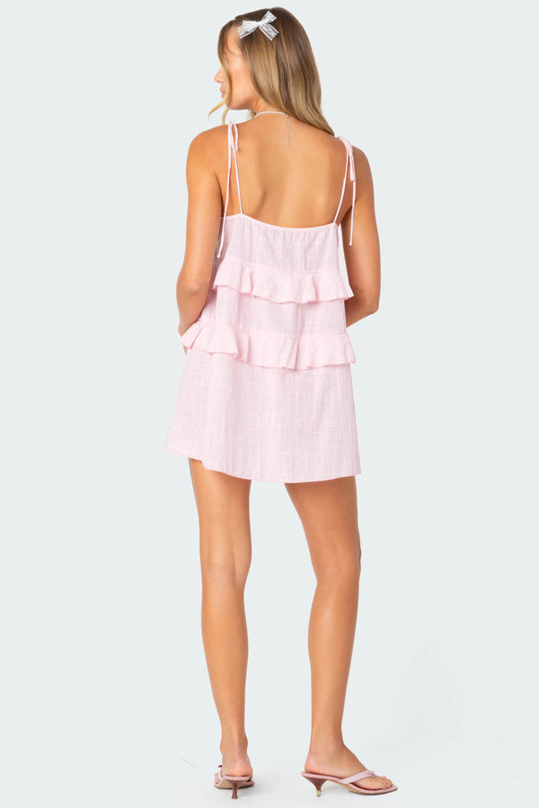 Edikted Dorothia Sheer Linen Look Mini Dress Light Pink