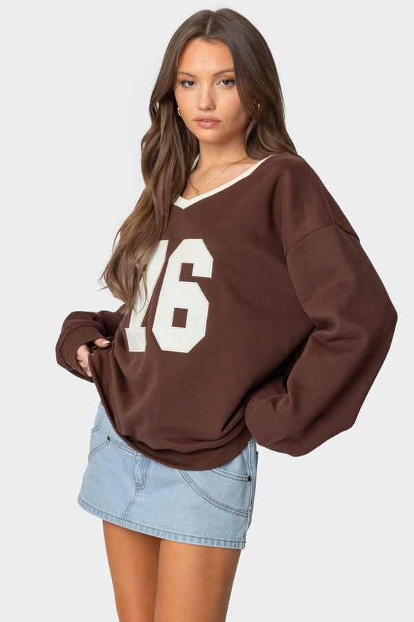 Edikted 76 Oversized V Neck Sweatshirt Brown