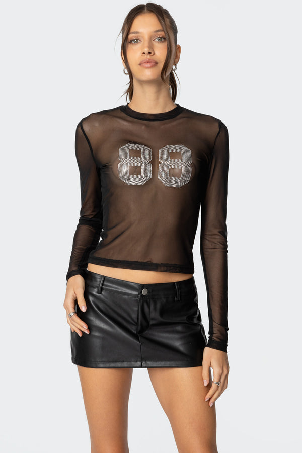 edikted 88 Rhinestone Sheer Mesh Top black