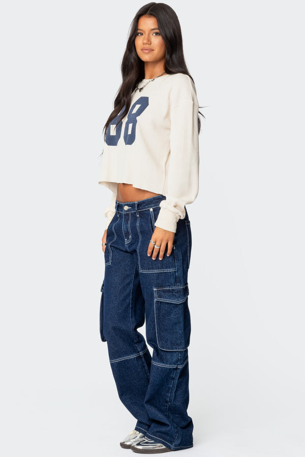 Edikted 88 Waffle Long Sleeve T Shirt Cream