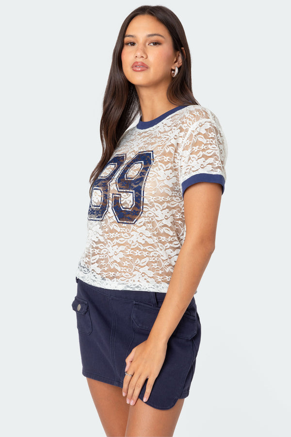 Edikted 89 Sheer Lace T Shirt White