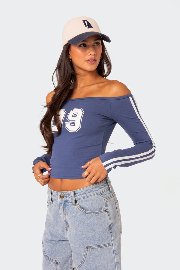 Edikted 90'S Off Shoulder Long Sleeve T Shirt Blue