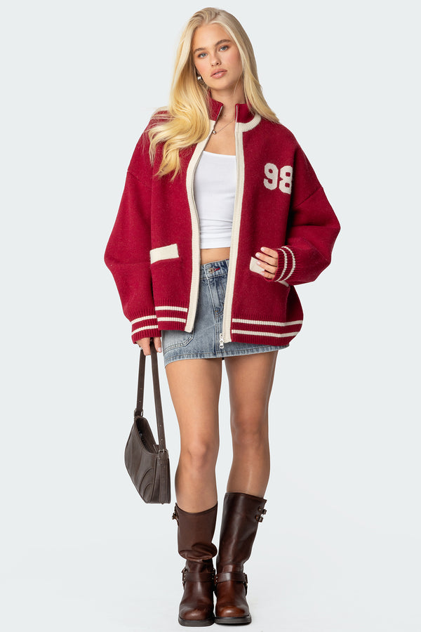 Edikted 98 Varsity Zip Up Sweater Burgundy