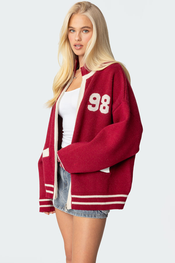 Edikted 98 Varsity Zip Up Sweater Burgundy
