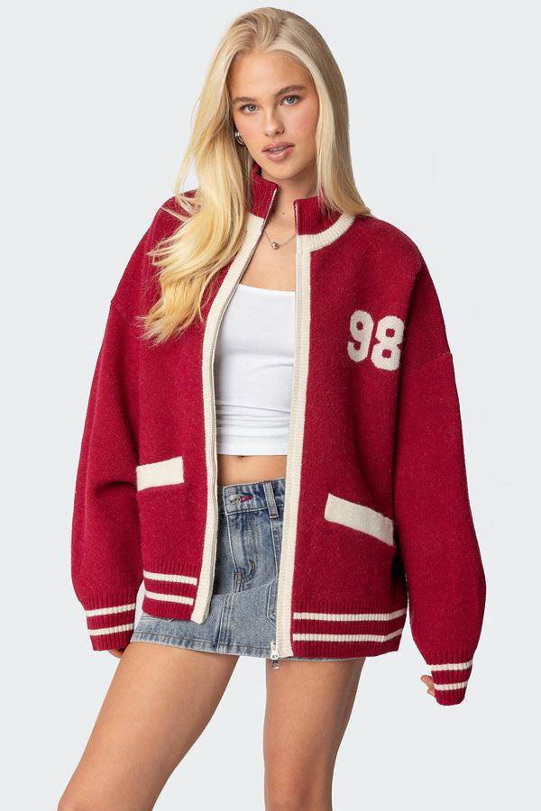 edikted 98 Varsity Zip Up Sweater burgundy