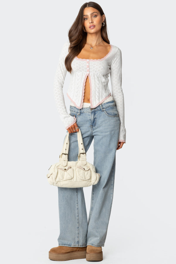 Edikted Abbie Split Front Pointelle Top White