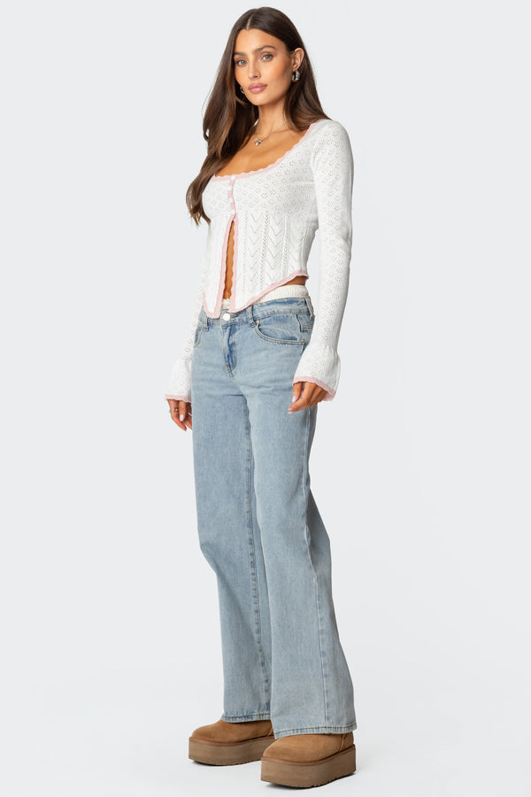 Edikted Abbie Split Front Pointelle Top White