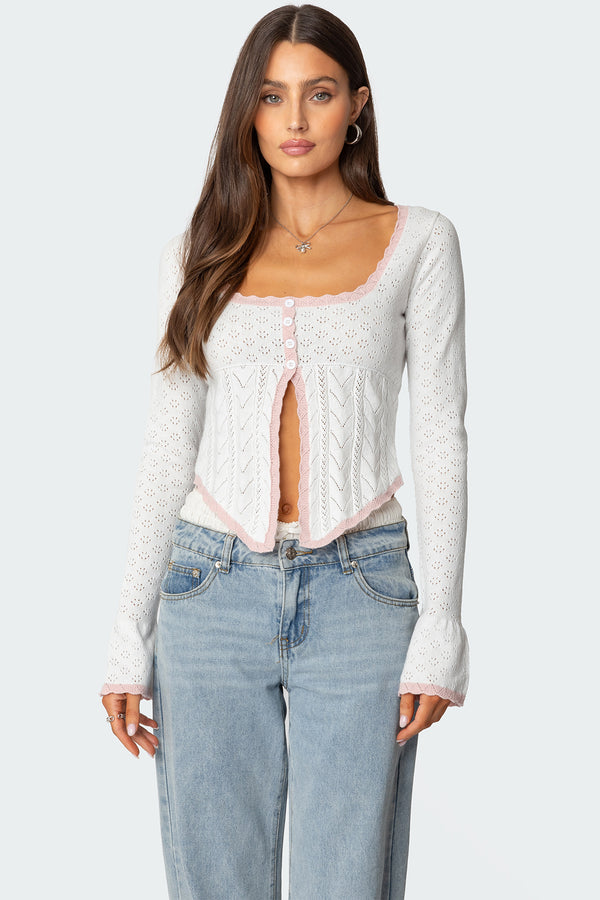 edikted Abbie Split Front Pointelle Top white