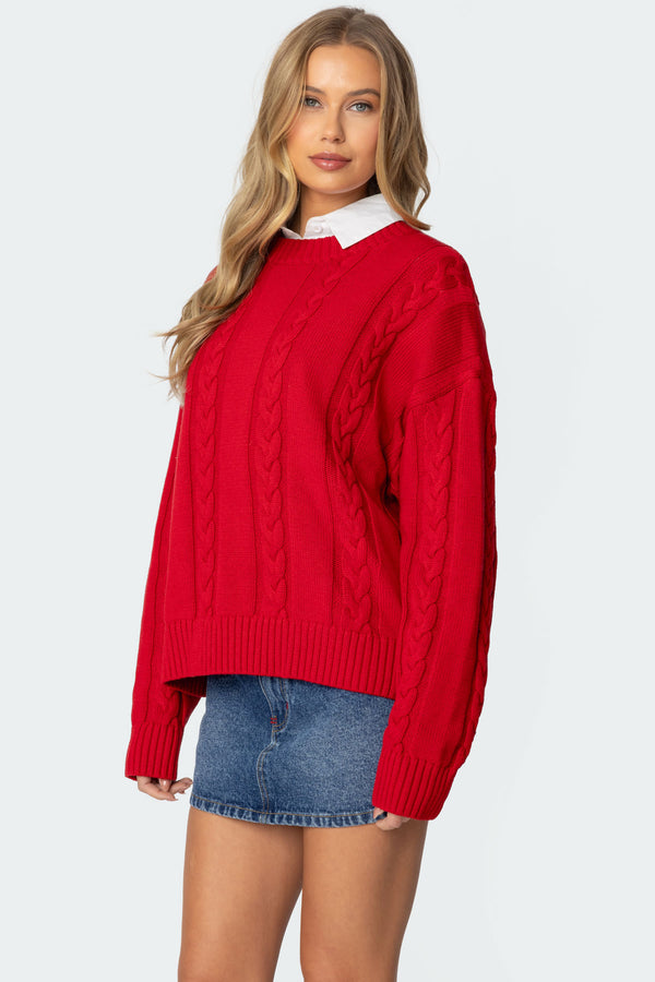 Edikted Acacia Oversized Cable Knit Sweater Red