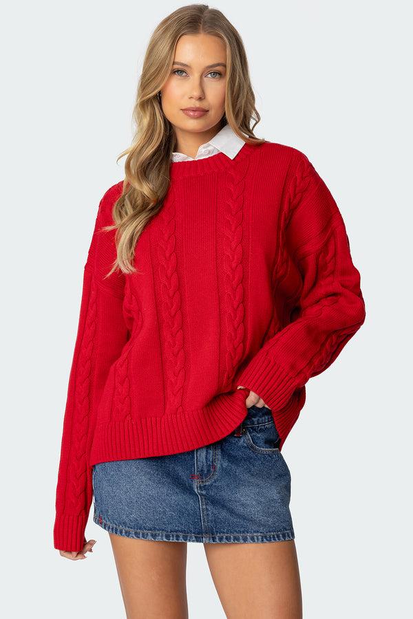 edikted Acacia Oversized Cable Knit Sweater red