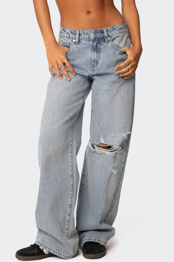 Edikted Adam Distressed Wide Leg Jeans Light Blue