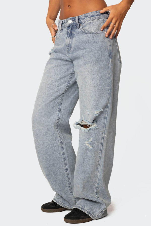 Edikted Adam Distressed Wide Leg Jeans Light Blue