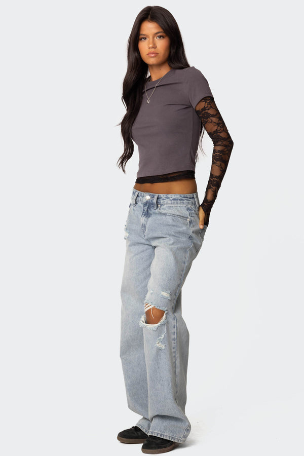 Edikted Adam Distressed Wide Leg Jeans Light Blue