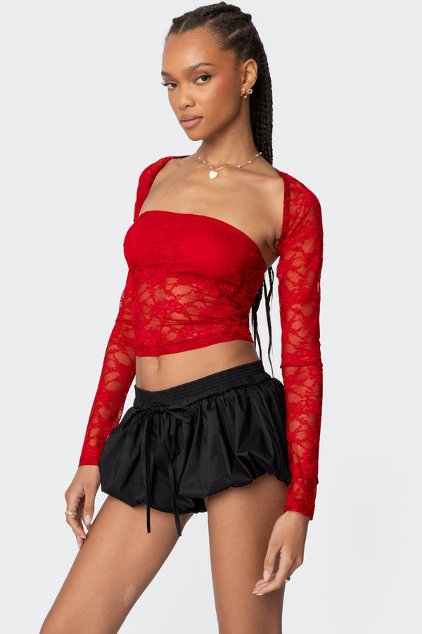 Edikted Addison Sheer Lace Two Piece Top Red