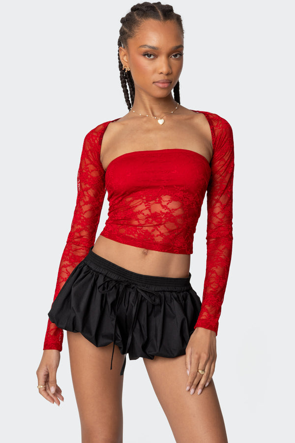 edikted Addison Sheer Lace Two Piece Top red