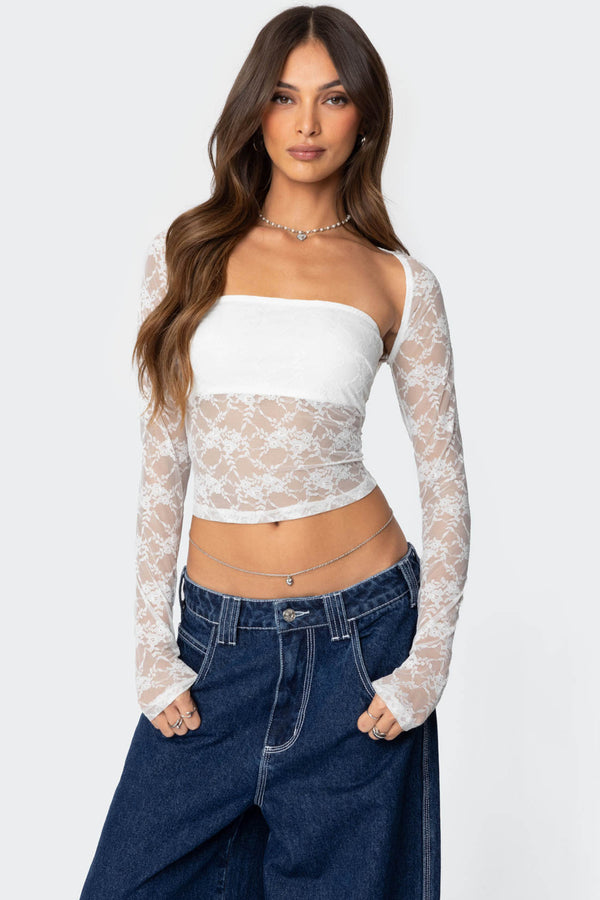 edikted Addison Sheer Lace Two Piece Top white