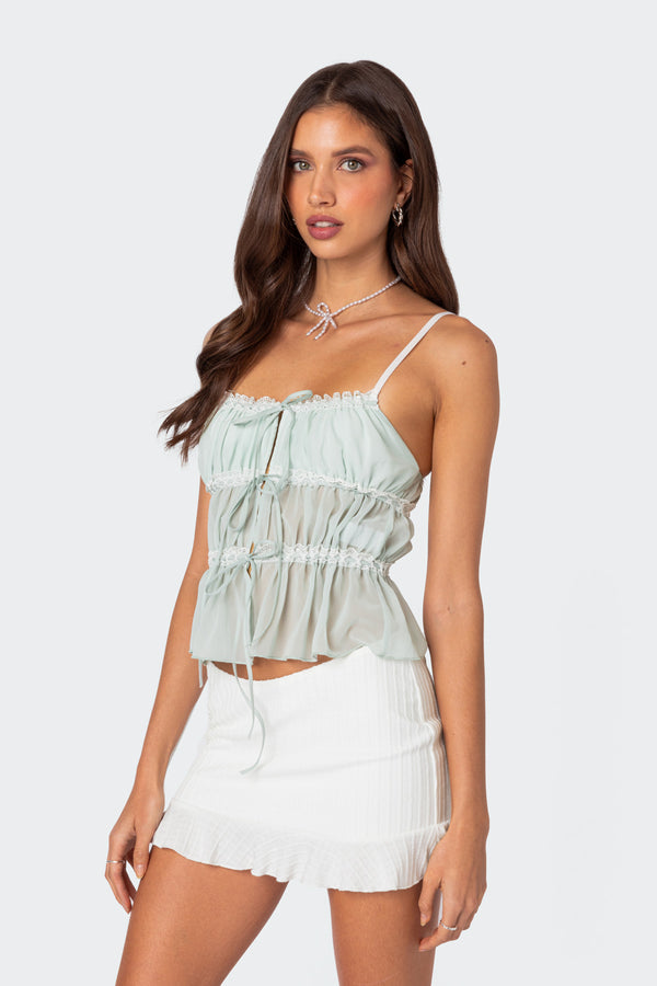 Edikted Addy Tie Front Sheer Chiffon Top Sage