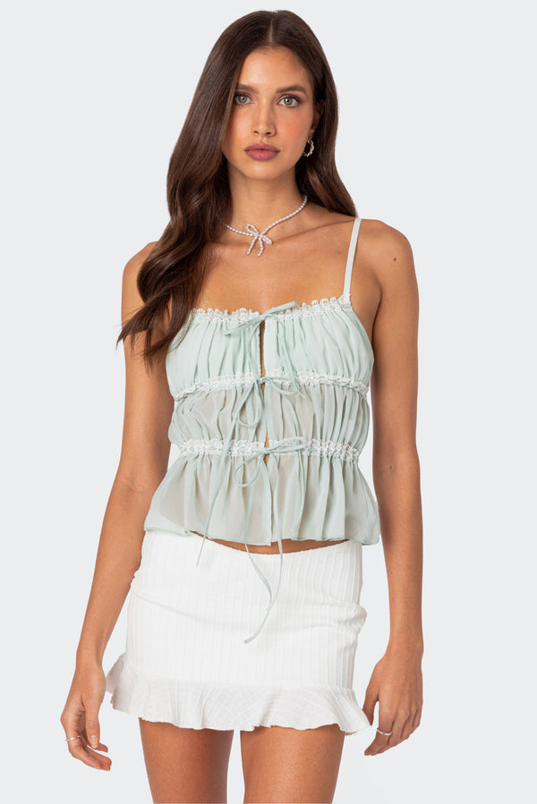 edikted Addy Tie Front Sheer Chiffon Top sage