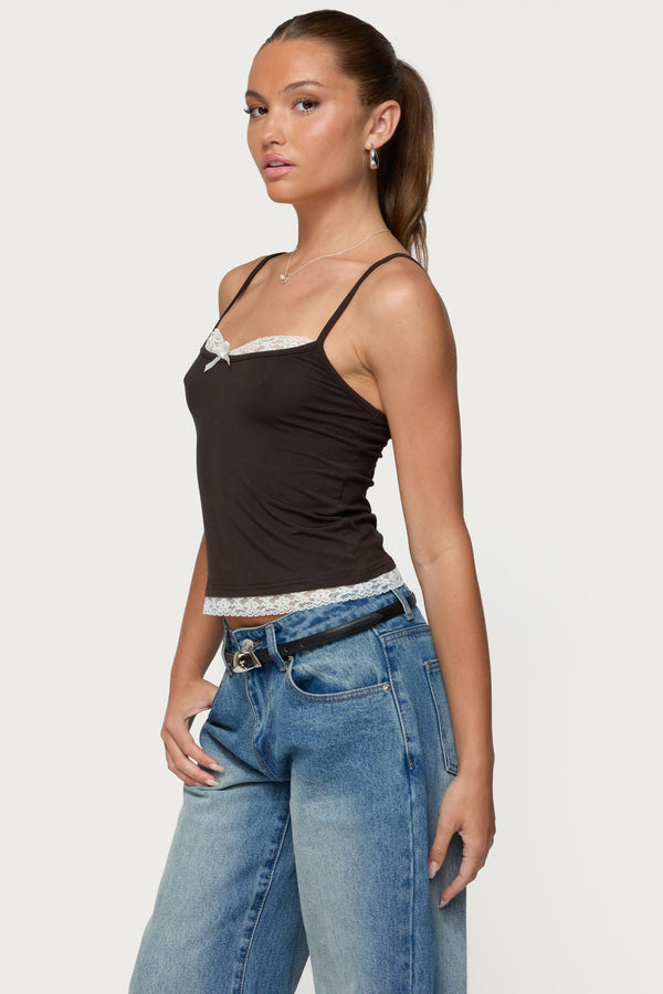 Edikted Adriel Contrast Lacey Tank Top Brown