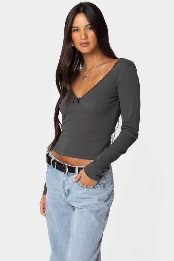 Edikted Adrienne Lace Trim Top Dark Gray